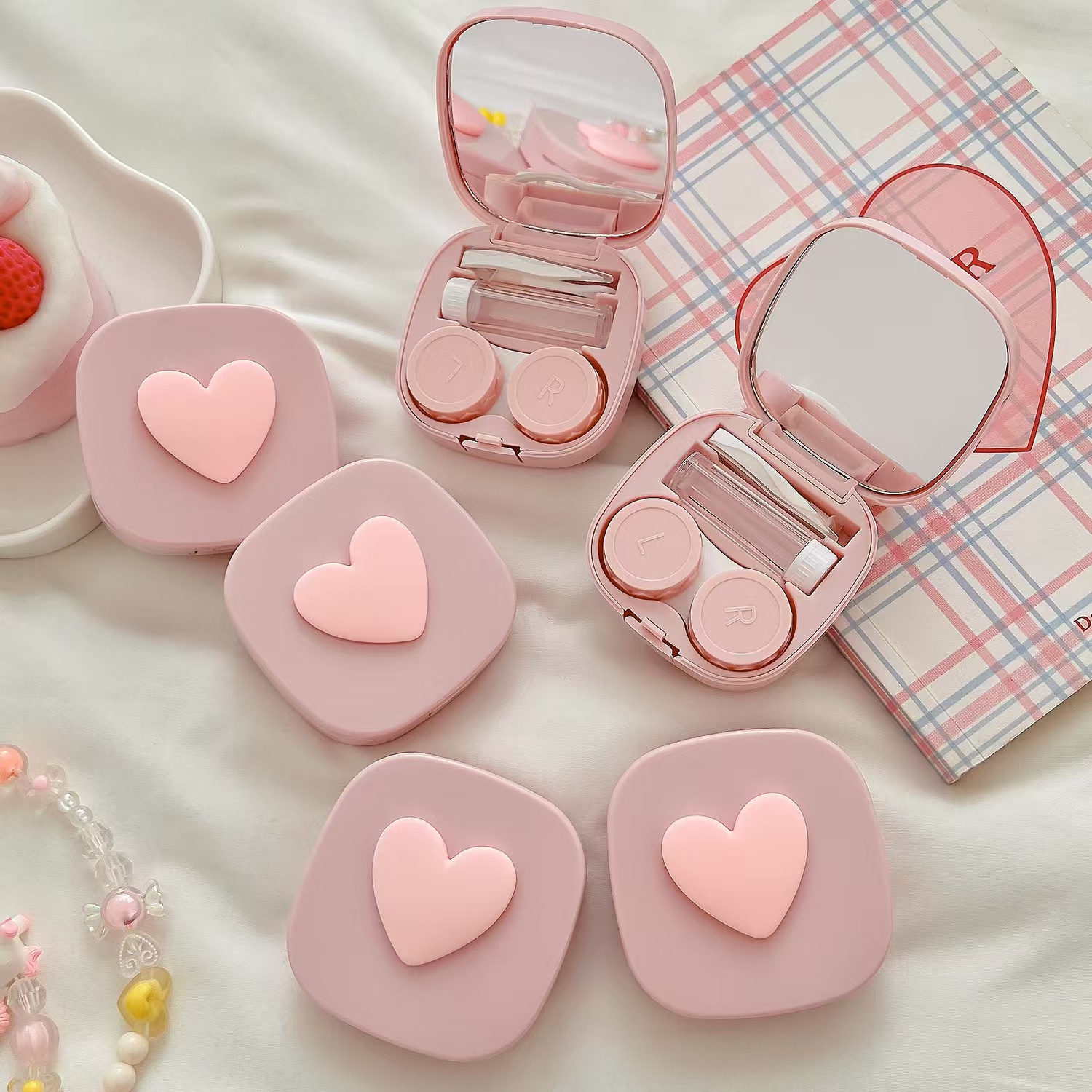 Travel Accessories Kit For Women - Heart Contact Lens Case with Mirror