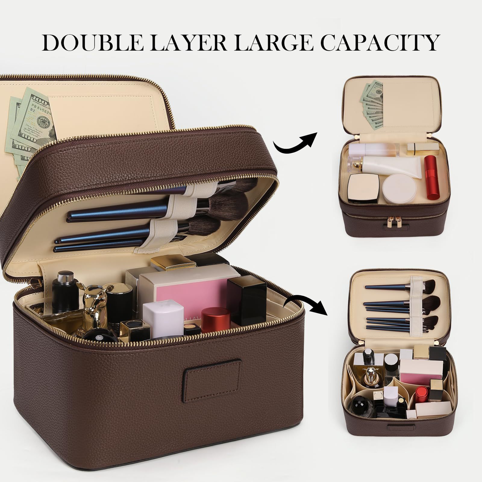 Travel Accessories Leather - Large Capacity Double-layer Luxury Cosmetic Bag